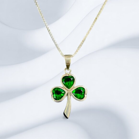 Sterling Silver Celtic Green CZ Shamrock Pendant Necklace 16" Box Chain Ireland - Picture 2 of 11